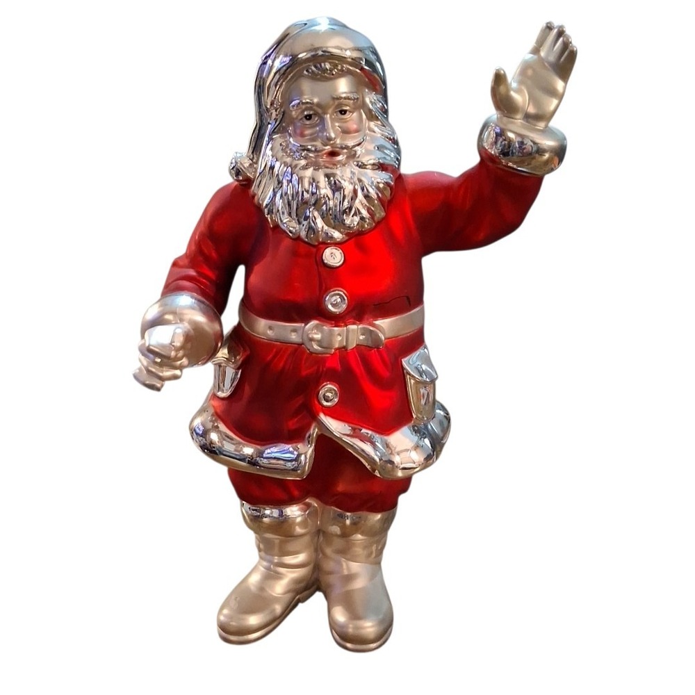 Vtg Christmas Santa Claus Hard Plastic Metallic Finish Red Silver Figurine 9.5"t